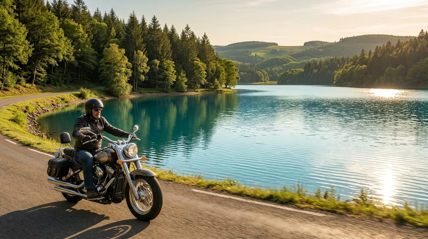 Motards sur une route du Morvan dans la Nièvre au lever du soleil